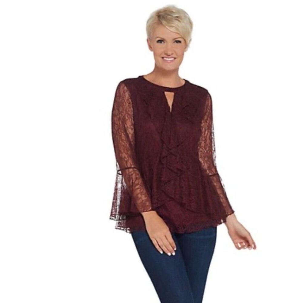 Isaac Mizrahi Live Womens Tunic Blouse Top Sze 18W Burgundy Lace Bell Sleeve NWT